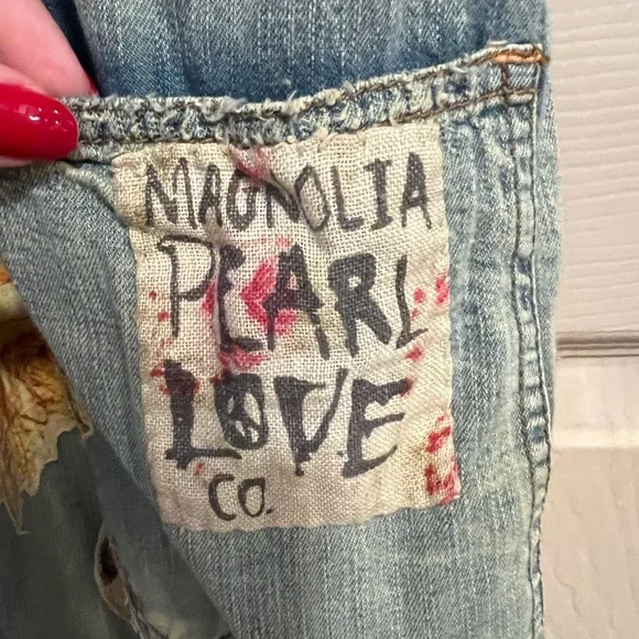 Magnolia Pearl Distressed Floral Denim Jumpsuit appliqué one size OSFM - Picture 3 of 11